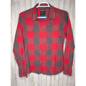 Kavu Plaid Flannel Shirt Mens Sz L‎ Button Down Red Long Sleeve w/ Pockets